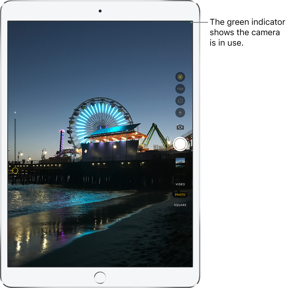 The Camera screen. A green indicator at the top right shows that the camera is in use.