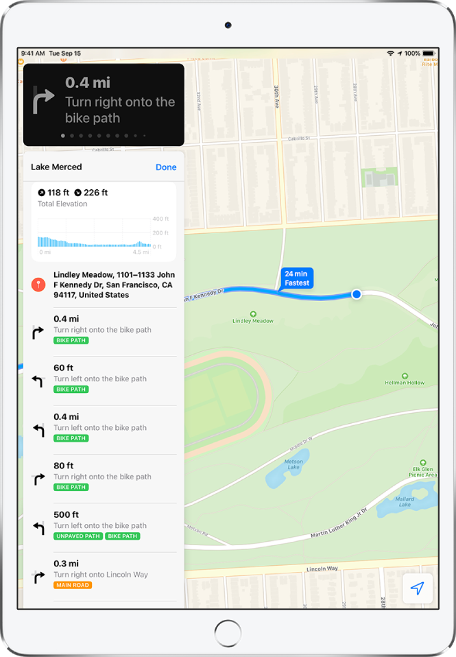 A map showing part of a cycling route. On the left is a list of turn directions for the route.