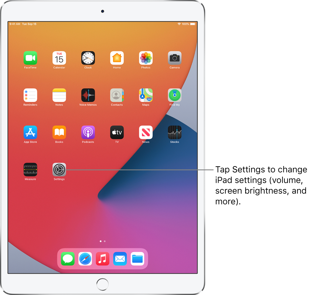 The iPad Home Screen with several app icons, including the Settings app icon, which you can tap to change your iPad sound volume, screen brightness, and more.