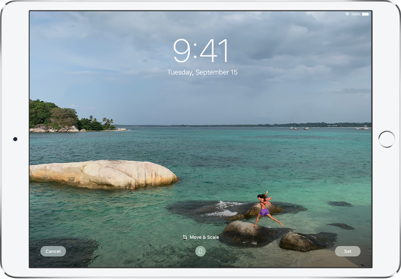 The iPad Lock Screen with a photo from the photo library as the background.