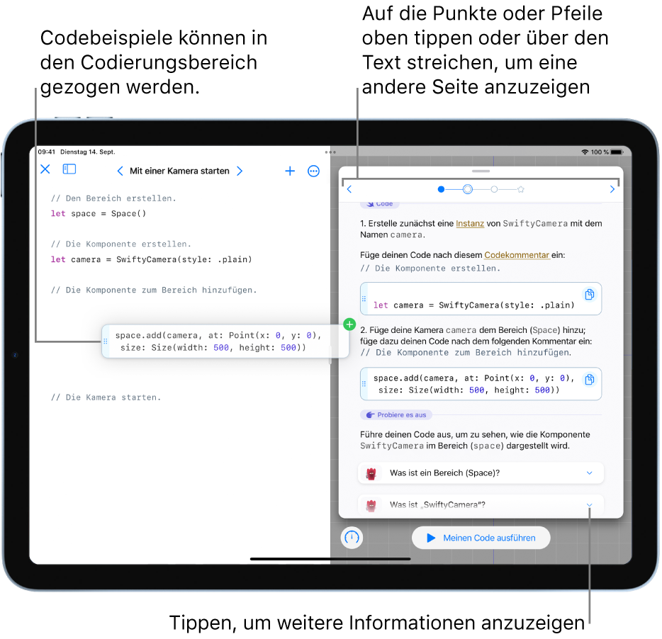 Dies ist ein geöffneter Playground mit Anleitungen und Codebeispielen rechts und dem Codierungsbereich links; zu sehen ist, wie ein Codebeispiel aus den Anleitungen in den Code des Benutzers gezogen wird. Tippe oben in den Anleitungen auf die Punkte oder Pfeile oder streiche über den Text, um zu einer anderen Seite zu wechseln.