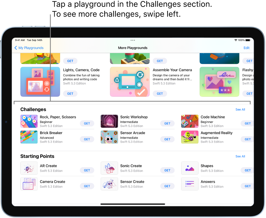The Challenges section of the More Playgrounds screen, showing several predesigned playgrounds arranged in a grid, each with a Get button for downloading the playground. To see more challenges, swipe left.