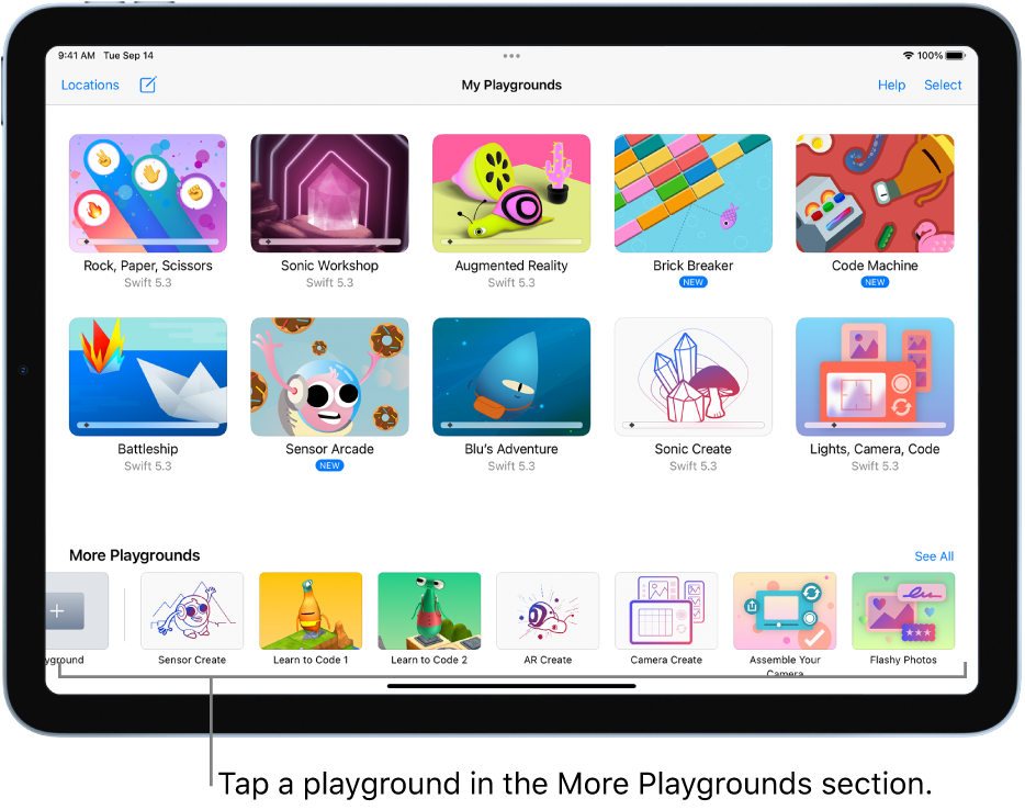 The My Playgrounds screen. At the bottom is the More Playgrounds section, showing several playgrounds you can try.