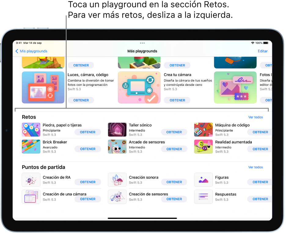 La sección Retos de la pantalla “Más playgrounds” mostrando varios playgrounds prediseñados acomodados en una cuadrícula, cada uno con un botón Obtener para descargar el playground. Para ver más retos, desliza a la izquierda.