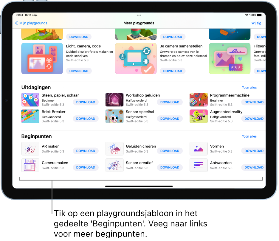 Het scherm 'Meer playgrounds'. Onderin staat het gedeelte 'Beginpunten' met daarin meerdere playgroundsjablonen met de knop 'Download'.