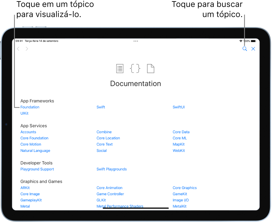 Página do Índice da Documentação do Swift mostrando o ícone de busca e temas que você pode tocar para ler.