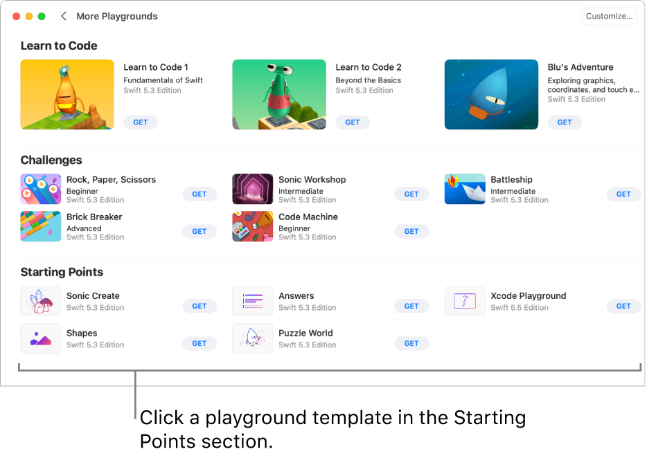The More Playgrounds screen. At the bottom is the Starting Points section, showing several playground templates, each with a Get button.