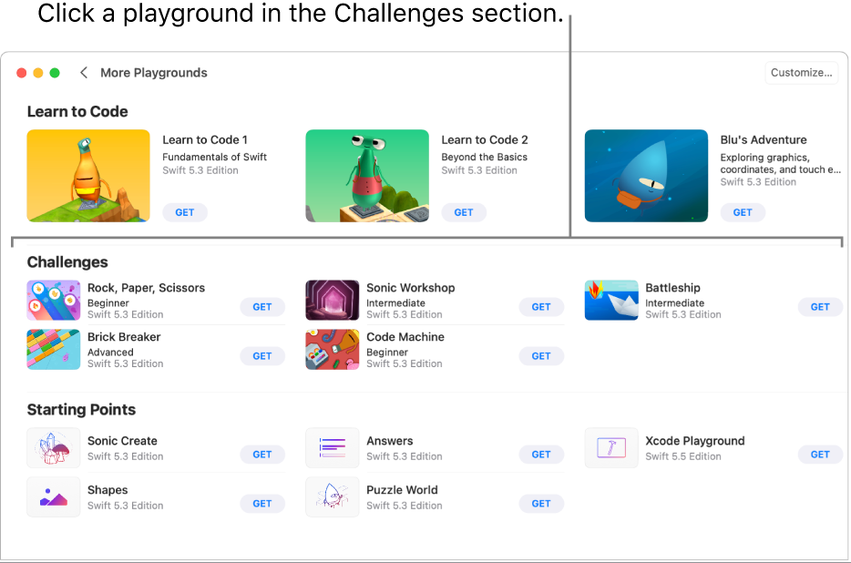 The More Playgrounds screen, with the Challenges section showing several predesigned playgrounds arranged in a grid, each with a Get button for downloading the playground.