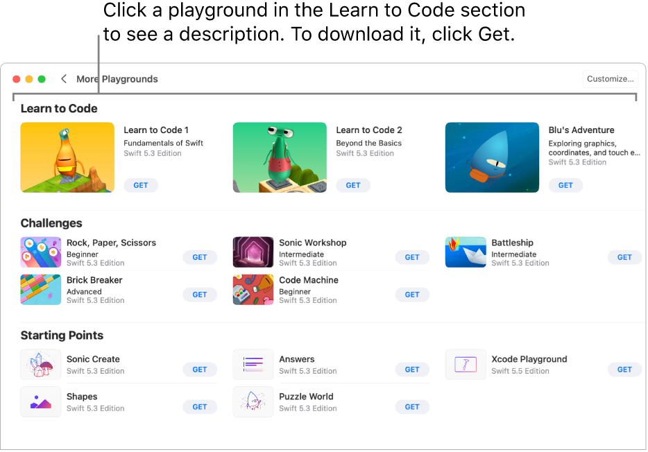 The More Playgrounds screen. At the top is the Learn to Code section, showing several playgrounds designed to help you learn how to code, each with a Get button you can click to download the playground.