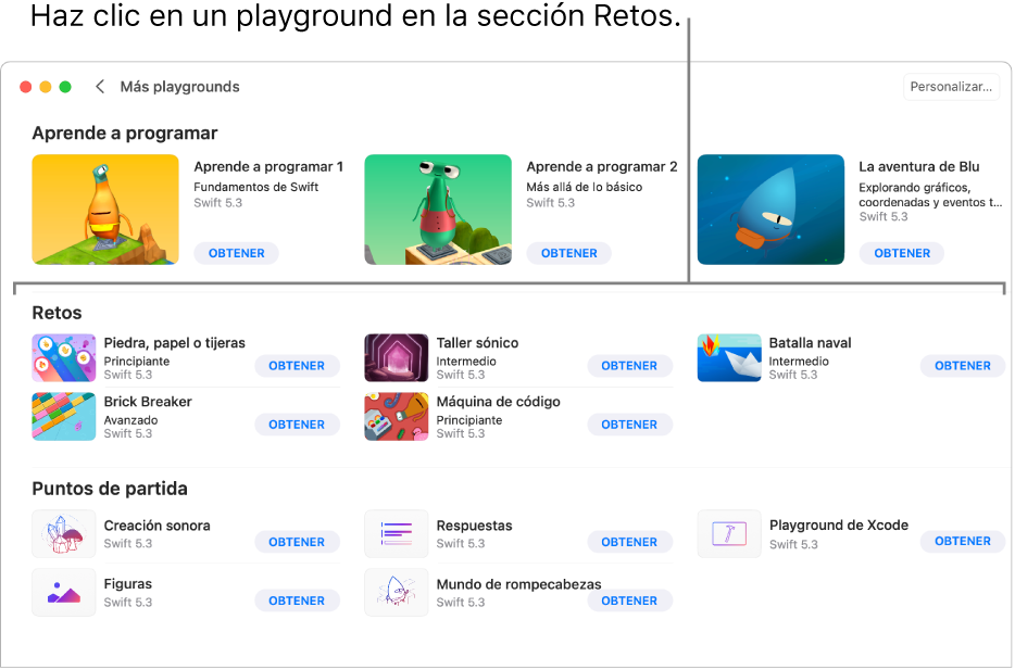 La pantalla “Más playgrounds” con la sección Retos mostrando varios playgrounds prediseñados acomodados en una cuadrícula, cada uno con un botón Obtener para descargar el playground.