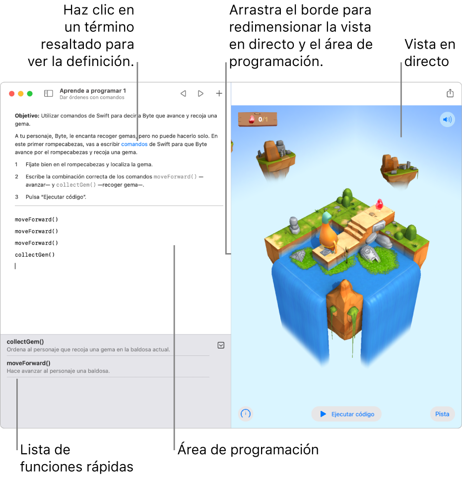 Un área de juegos con la zona para escribir código a la izquierda y la vista en tiempo real del resultado a la derecha. Puedes hacer clic en texto resaltado para obtener una definición y hacer clic en las sugerencias de código de la lista de funciones rápidas (situada debajo del área de código) para introducirlas en tu código.