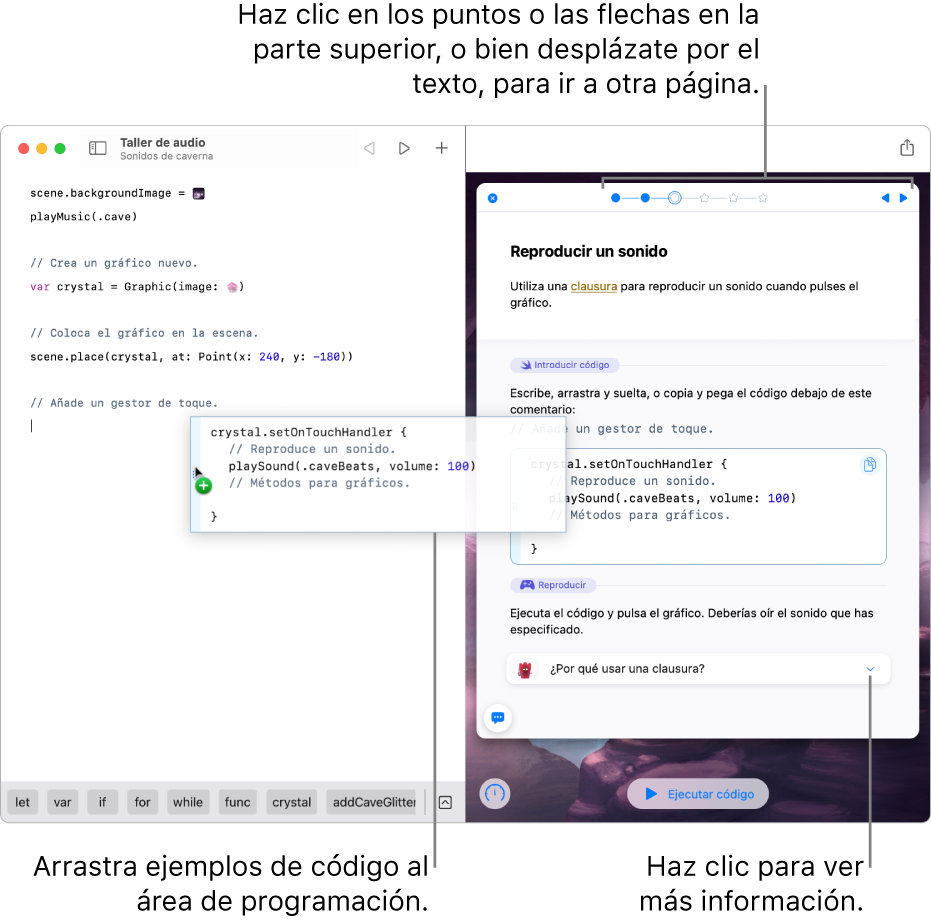 Un área de juegos, con instrucciones y código de ejemplo a la derecha y un área de código en la izquierda, mostrando cómo arrastrar código de ejemplo desde las instrucciones al área de código.