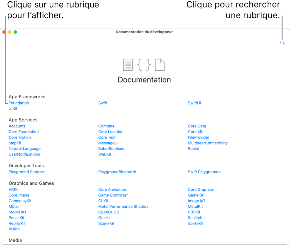 Une page de playground, avec la page de la table des matières de la documentation destinée aux développeurs ouverte sur le côté droit. L’icône de recherche y est affichée, ainsi qu’une liste de rubriques que tu peux lire en cliquant dessus.