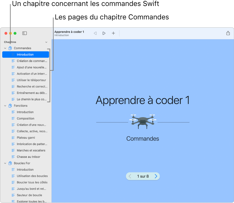 La première diapositive de « Introduction aux commandes » dans le playground « Apprendre à coder 1 ». La barre latérale est ouverte, avec tous les chapitres et les pages du playground.