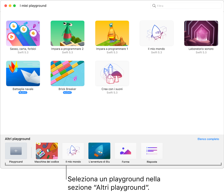 La schermata “I miei playground”. In basso è presente la sezione “Altri playground”, che mostra vari playground da provare.