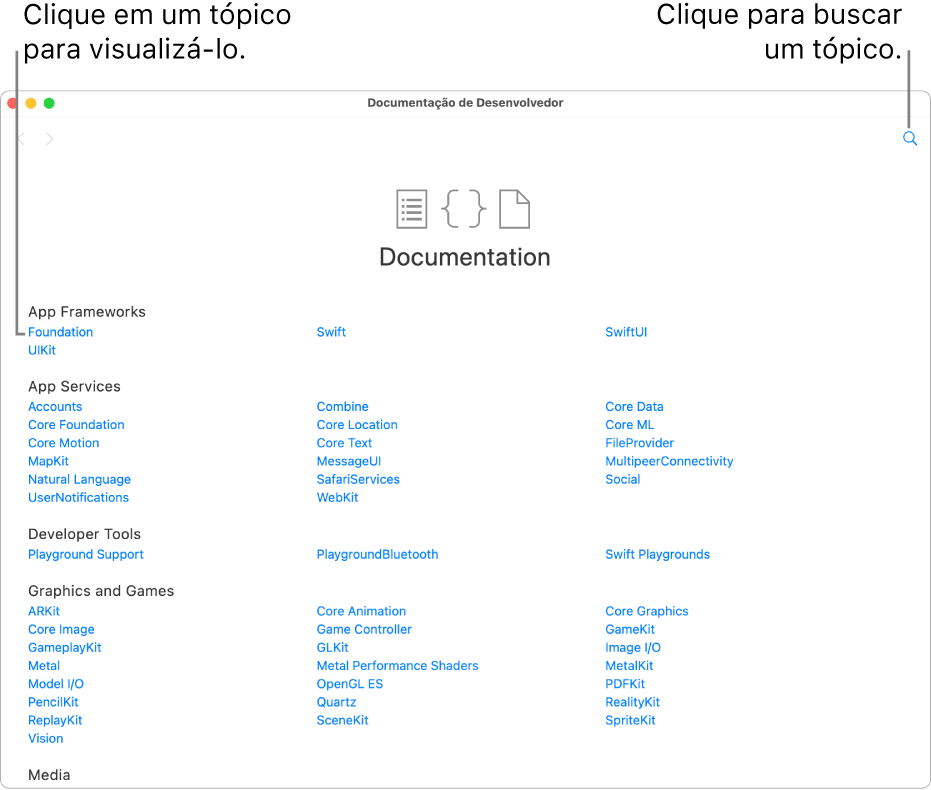 Página de um playground mostrando a página Índice da documentação de desenvolvedor aberta ao lado direito. Ela mostra o ícone de busca e lista os tópicos que podem ser clicados para ser lidos.