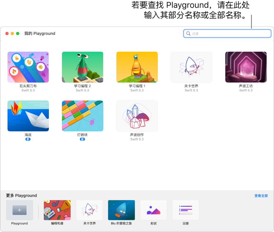 “我的 Playground”屏幕，显示已下载或已创建的 Playground，顶部是过滤栏，在此你可以输入 Playground 的部分名称或完整名称，从而仅显示名称中包含该文本的 Playground。右下方附近的“查看全部”按钮，可让你前往“更多 Playground”屏幕。