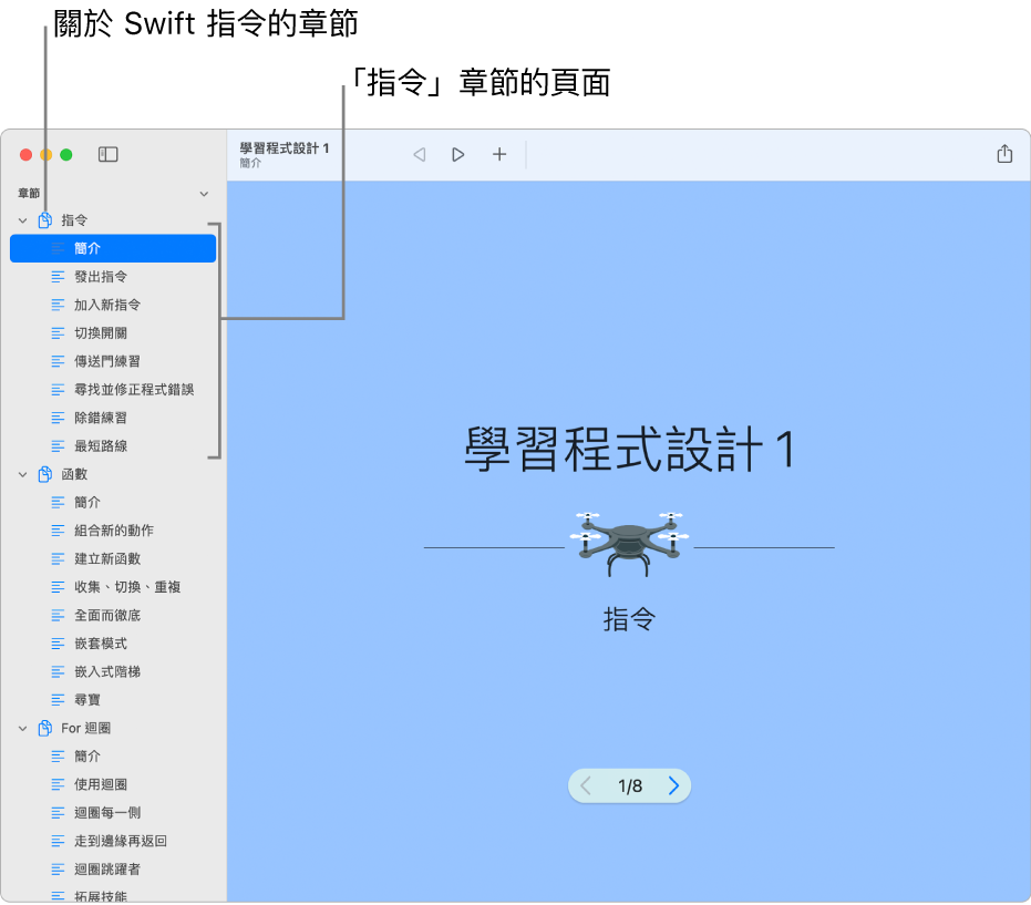 「學習程式設計 1」Playground 中「指令簡介」的第一張幻燈片。側邊欄已開啟，顯示該 Playground 中的所有章節和頁面。