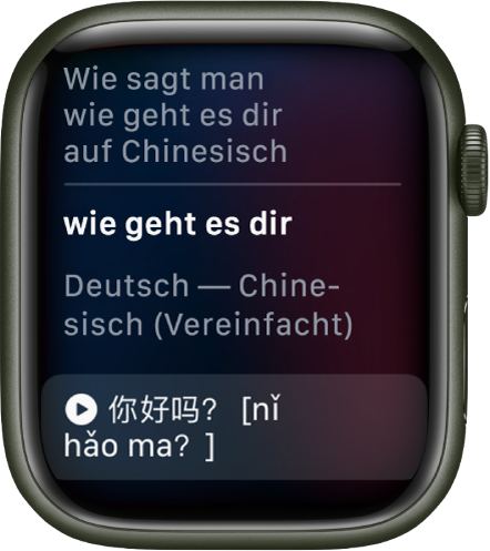 Die Siri-Anzeige mit dem Satz „Wie sagt man ,Wie geht es dir?‘ auf Chinesisch?“ Darunter befindet sich die englische Übersetzung.
