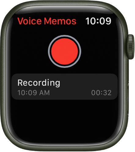 Το Apple Watch εμφανίζει την οθόνη «Μαγνητόφωνο». Ένα κόκκινο κουμπί « Εγγραφή» εμφανίζεται κοντά στο πάνω μέρος. Από κάτω εμφανίζεται ένα εγγεγραμμένο φωνητικό μήνυμα. Στο φωνητικό μήνυμα, φαίνονται η ώρα εγγραφής και η διάρκειά του.