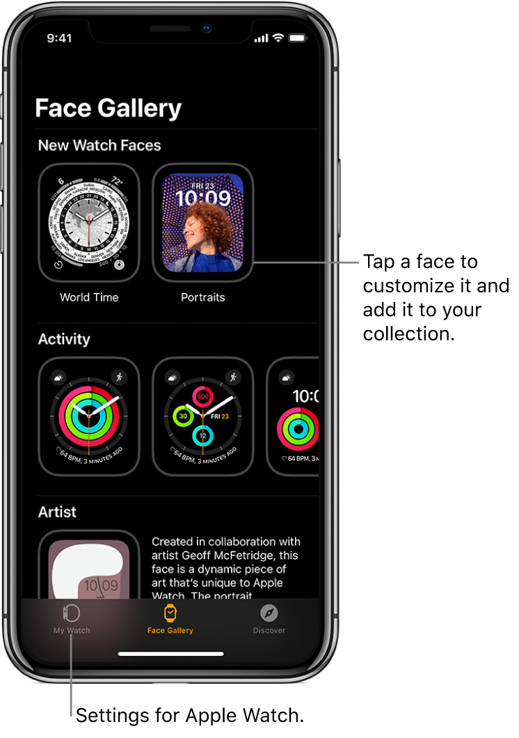Apple Watch app open to the Face Gallery. The top row shows faces that are new, the next rows show watch faces grouped by type—Activity and Artist, for example. You can scroll to see more faces grouped by type.