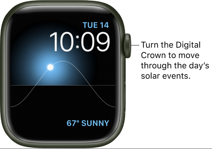 The Solar Graph watch face displays the day, date, and current time, which can’t be modified. A Weather complication appears at the bottom right. Turn the Digital Crown to move the sun in the sky to dusk, dawn, zenith, sunset, and darkness.