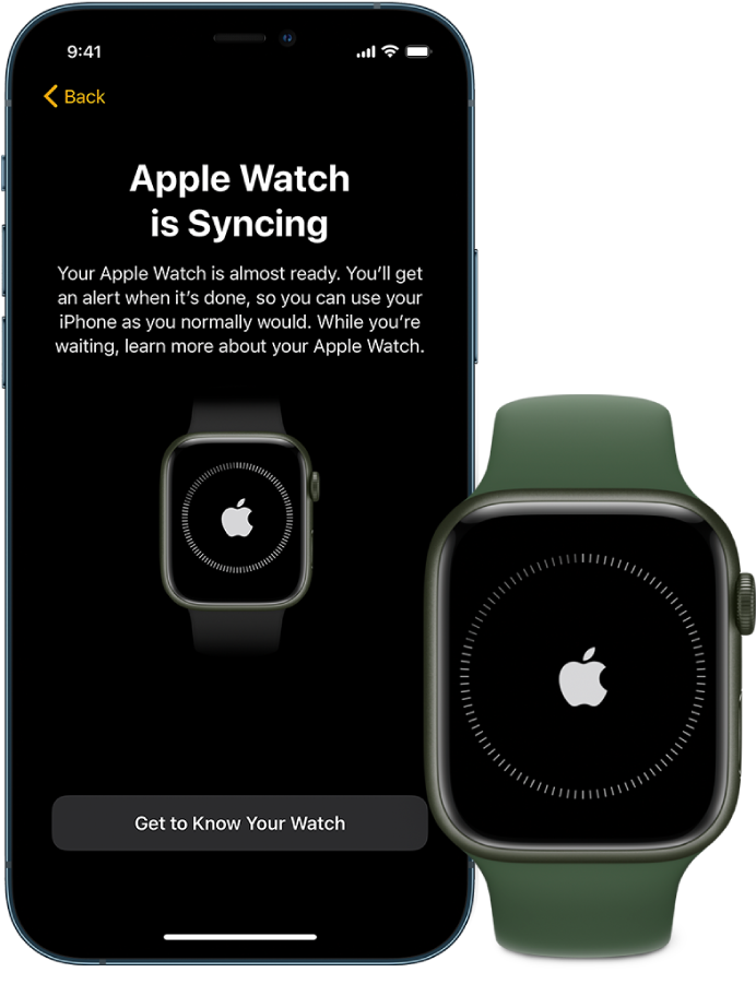 Un iPhone y un reloj lado a lado. La pantalla del iPhone muestra “Sincronizando el Apple Watch” El Apple Watch muestra el progreso de la sincronización.