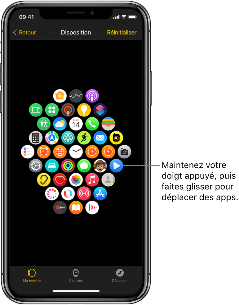 L’écran Disposition de l’app Apple Watch présentant une grille d’icônes.
