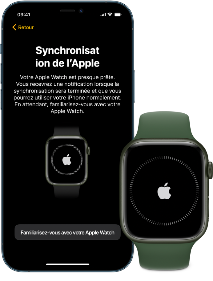 Un iPhone et une Apple Watch affichant leur écran de synchronisation.
