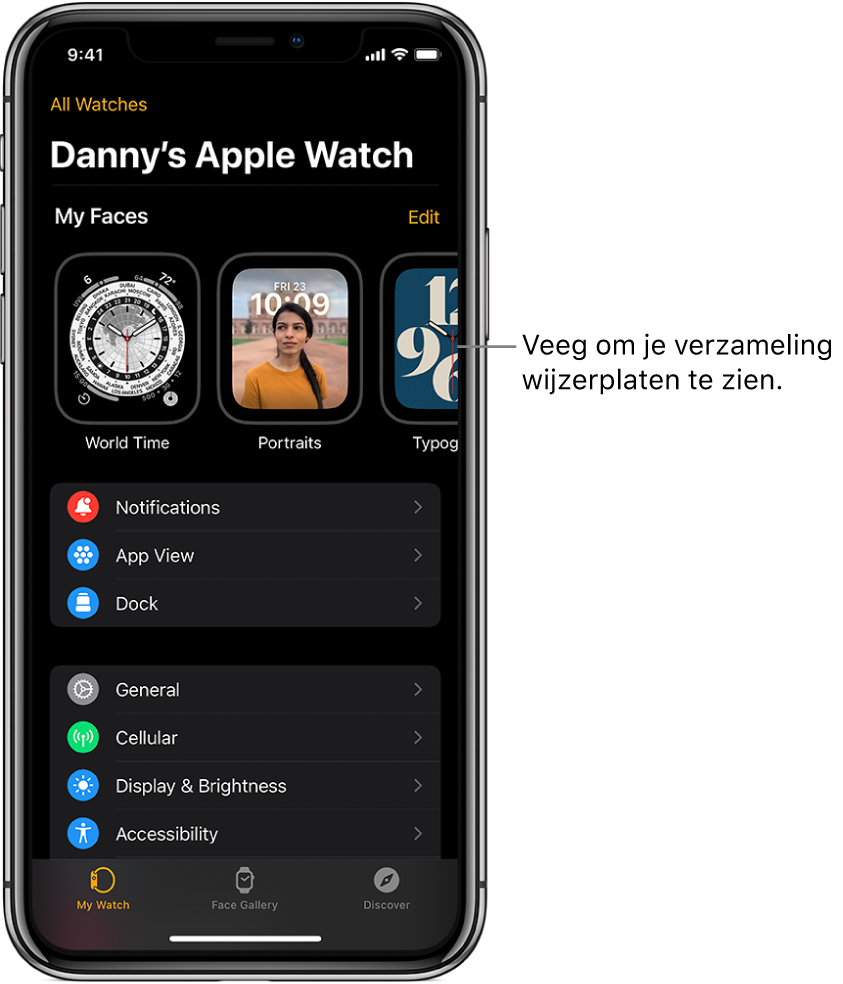 De Apple Watch-app op de iPhone waarin het scherm 'Mijn Watch' is geopend, met bovenin de wijzerplaten en onderin de instellingen. Onder in het scherm van de Apple Watch-app staan drie tabbladen: links 'Mijn Watch', waar je de Apple Watch kunt instellen; daarnaast 'Wijzerplaten', waarmee je de beschikbare wijzerplaten en complicaties kunt bekijken; en daarnaast 'Ontdek', waar je meer informatie over je Apple Watch vindt.
