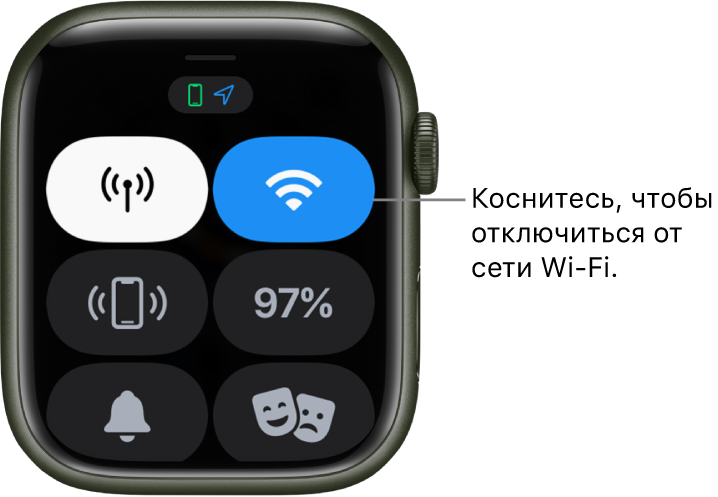 Пункт управления на Apple Watch (GPS   Cellular) с кнопкой Wi-Fi в правом верхнем углу. На выноске написано: «Коснитесь, чтобы отключиться от сети Wi-Fi».