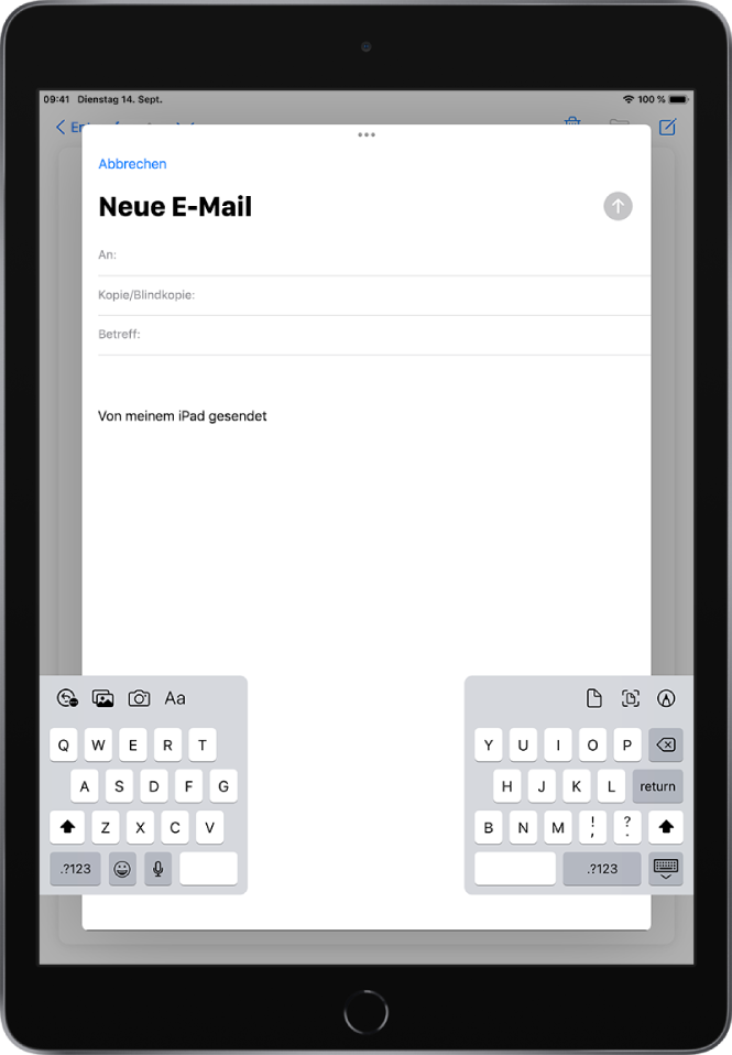 Eine neue E-Mail wird mithilfe der geteilten und vom unteren Bildschirmrand des iPad abgedockten Tastatur erstellt.