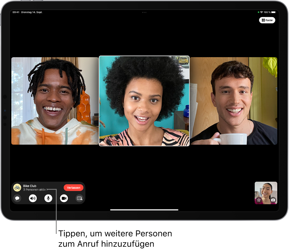 Ein FaceTime-Gruppenanruf mit vier Teilnehmenden, einschließlich des:der Initiator:in. Jeder Teilnehmer wird in einer separaten Kachel angezeigt.