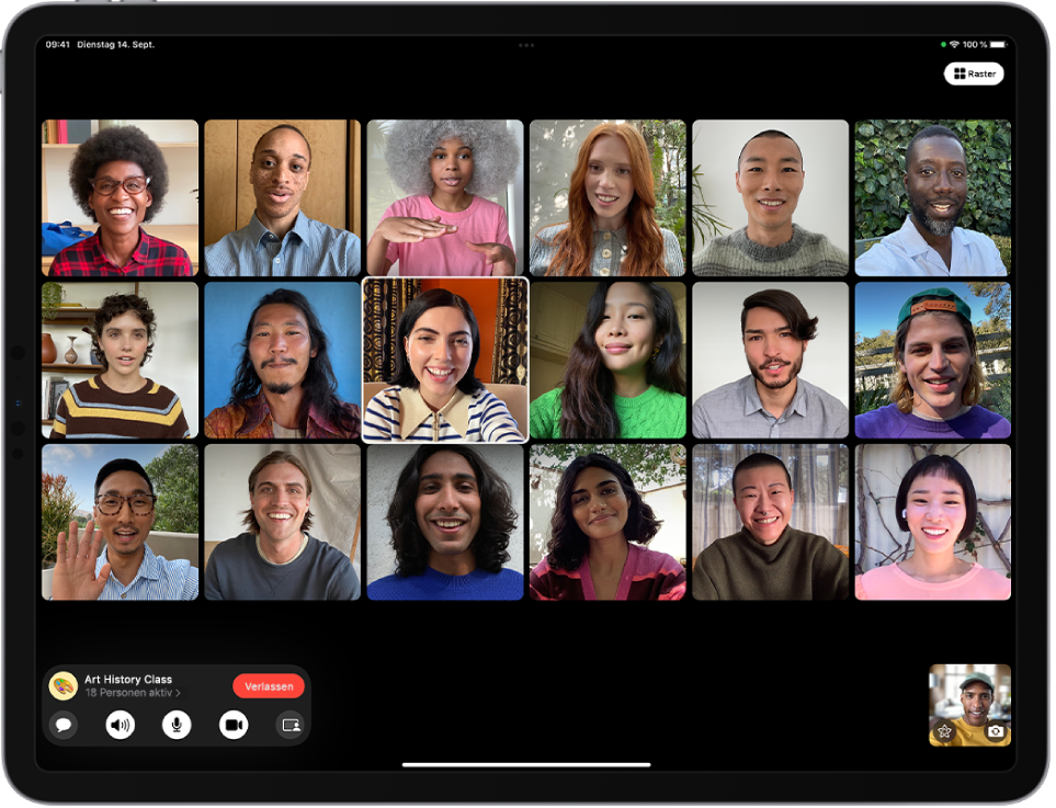 Ein FaceTime-Gruppenanruf in der Rasterdarstellung. Die teilnehmenden Personen werden in gleich großen Kacheln angezeigt und die sprechende Person ist optisch hervorgehoben.