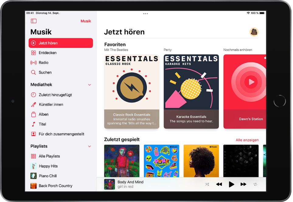 Der Bildschirm „Jetzt hören“ mit der Seitenleiste links und dem Bereich „Jetzt hören“ rechts. Im Bereich „Jetzt hören“ befindet sich oben rechts die Profiltaste. Darunter werden Playlists im Bereich „Top-Empfehlungen“ angezeigt. Unter dem Bereich „Top-Empfehlungen“ befindet sich der Bereich „Kürzlich gespielt“ mit vier Alben.