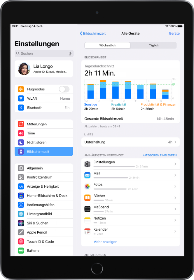 Ein Wochenbericht der Funktion „Bildschirmzeit“ mit Angaben zu der mit Apps verbrachten Zeit aufgeteilt nach Kategorie und App.
