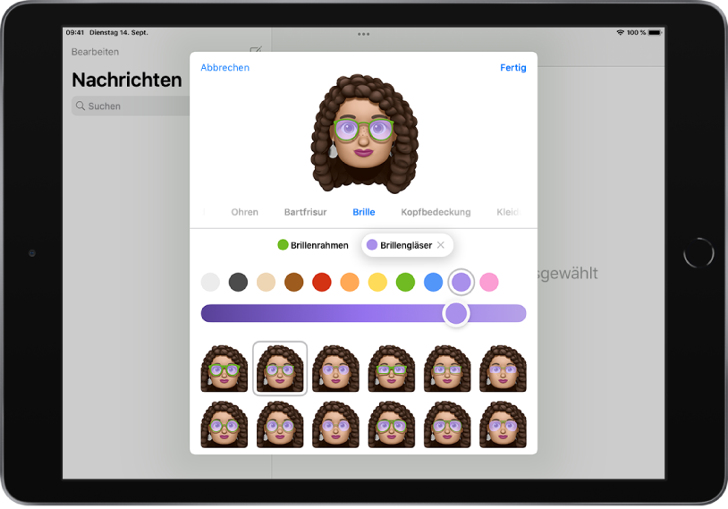 Ein Bildschirm zum Erstellen eines Memoji in der App „Nachrichten“, in dem du eine Brille auswählen kannst.