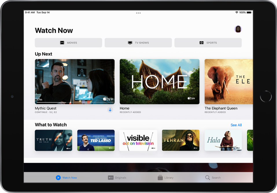The Watch Now screen showing buttons for Movies, TV Shows, and Sports in the top row. The Up Next row is in the center, above the What to Watch row. At the bottom, from left to right, are the Watch Now, Originals, Library, and Search tabs.