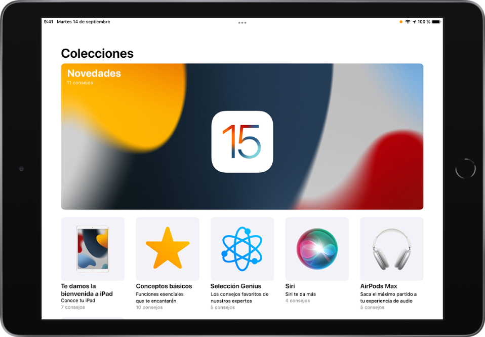 Pantalla en la que se muestran las colecciones de consejos. Puedes tocar en una colección para ver los consejos que contiene.
