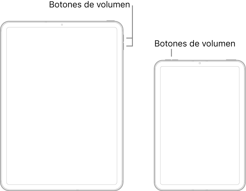 Dos modelos de iPad distintos vistos desde la parte delantera. El modelo de la izquierda tiene los botones de volumen cerca del lado superior derecho y el botón superior arriba a la derecha. El modelo de la derecha tiene los botones de volumen en el lado superior izquierdo y el botón superior o Touch ID arriba a la derecha.