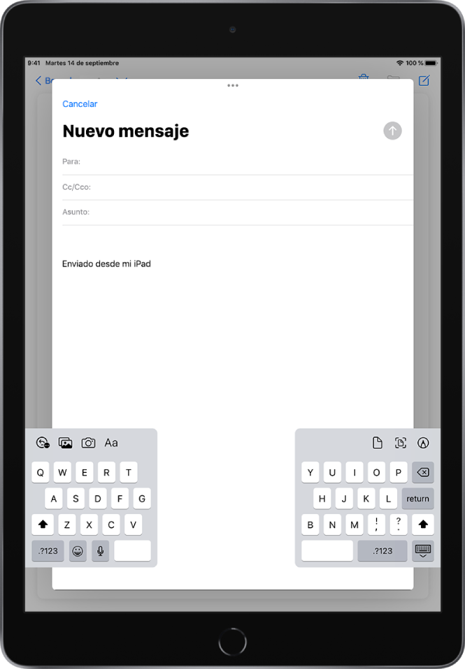 Nuevo mensaje de correo electrónico en redacción con el teclado dividido y libre en la parte inferior de la pantalla del iPad.