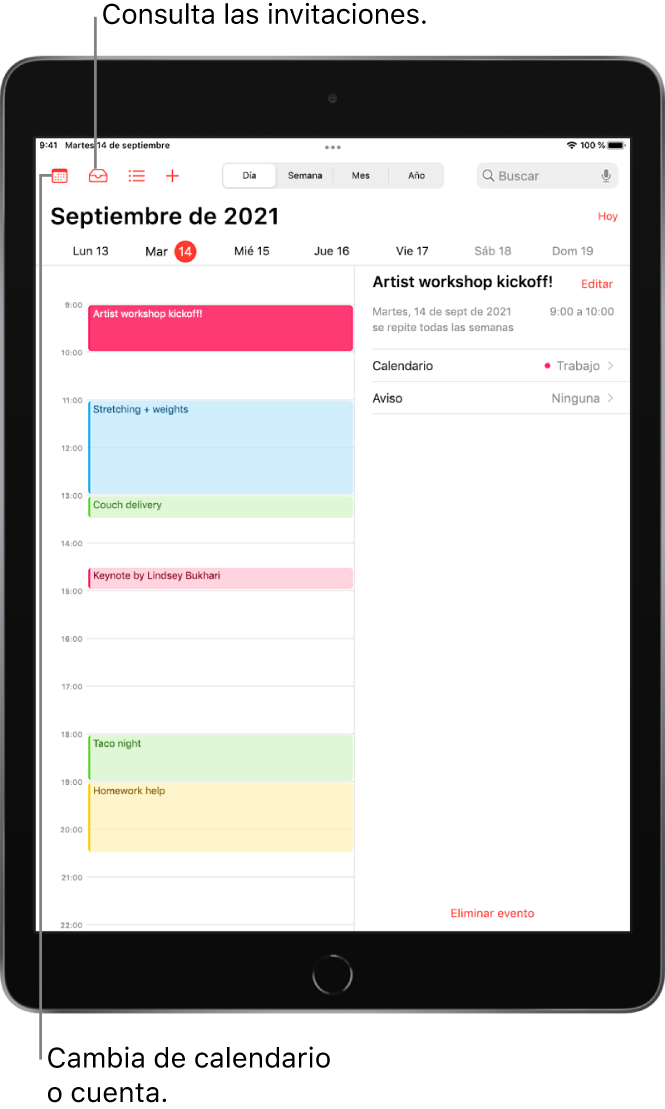 Un calendario en visualización de día. Los botones de la parte superior central permiten cambiar la vista entre Día, Semana, Mes y Año. El botón Calendarios de la parte superior izquierda permite cambiar las cuentas o calendarios. El botón Entrada situado cerca de la parte superior izquierda permite ver las invitaciones.