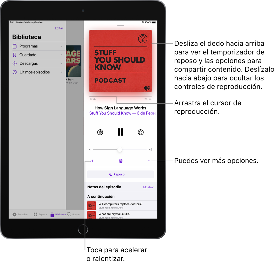 Controles de reproducción de podcasts en la parte derecha de la pantalla. En el centro está el control para reproducir o poner en pausa el podcast. Debajo se encuentra el control del volumen. En la parte superior de la pantalla, se encuentra un regulador para retroceder o avanzar en el podcast. En la esquina inferior izquierda de la pantalla, se encuentra el control para cambiar la velocidad de reproducción. En la esquina inferior derecha, se encuentra el botón Más.