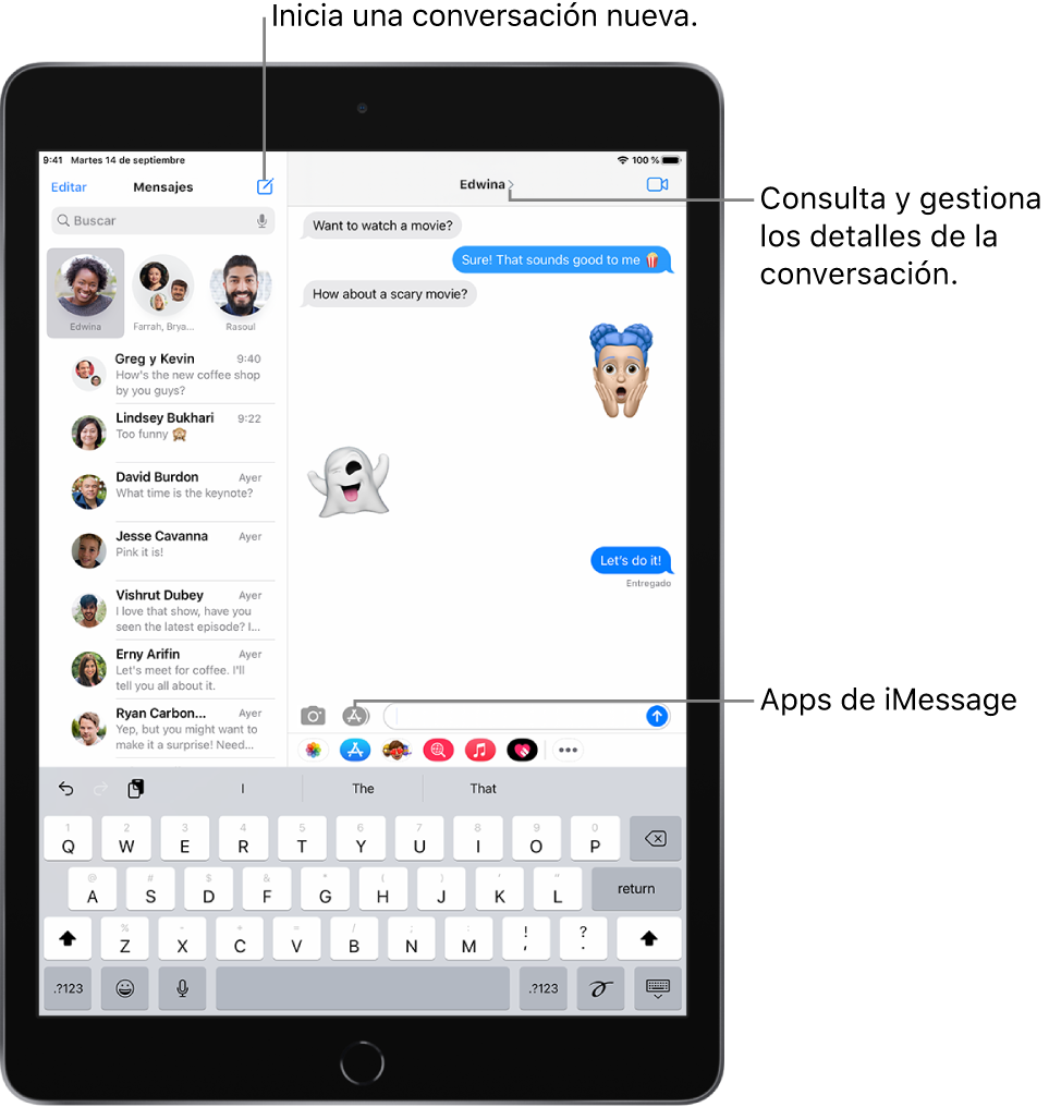 La lista de mensajes a la izquierda y una conversación a la derecha.