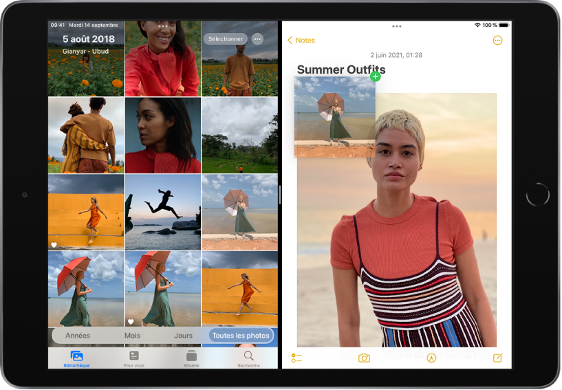 L’écran de l’iPad en orientation paysage et en Split View. La photothèque de l’app Photos se trouve sur le côté gauche de l’écran. Une note ouverte dans l’app Notes se trouve sur le côté droit de l’écran. La note s’intitule « Tenues d’été ». Une photo figure au milieu de celle-ci. Au-dessus de la photo se trouve la vignette d’une autre photo. Un utilisateur est en train de la faire glisser depuis la photothèque, sur la gauche de l’écran, vers la zone de dessin de la note, sur la droite de l’écran.