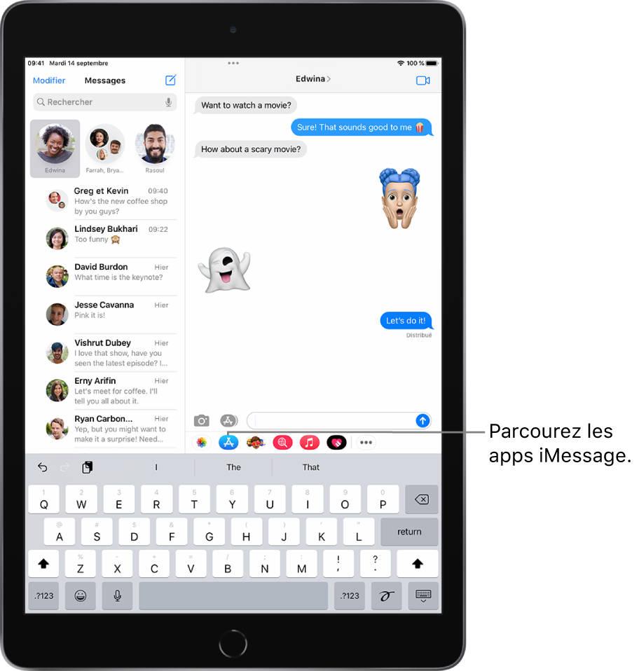 Une fenêtre Messages, avec le bouton Navigateur d’apps sélectionné. Le tiroir d’apps ouvert affiche des autocollants d’émoticônes.