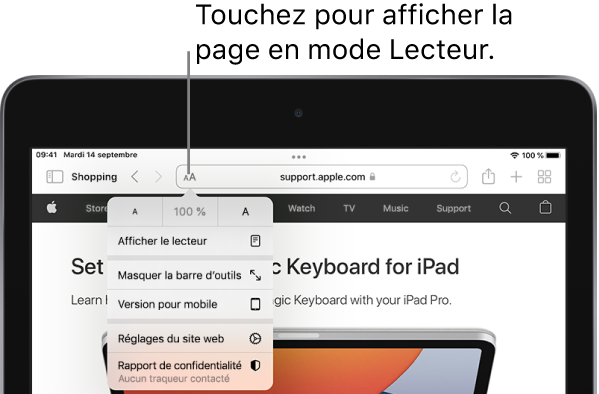 Un site web avec le menu « Réglages de la page » ouvert. En haut se trouve l’option « Afficher le lecteur ».