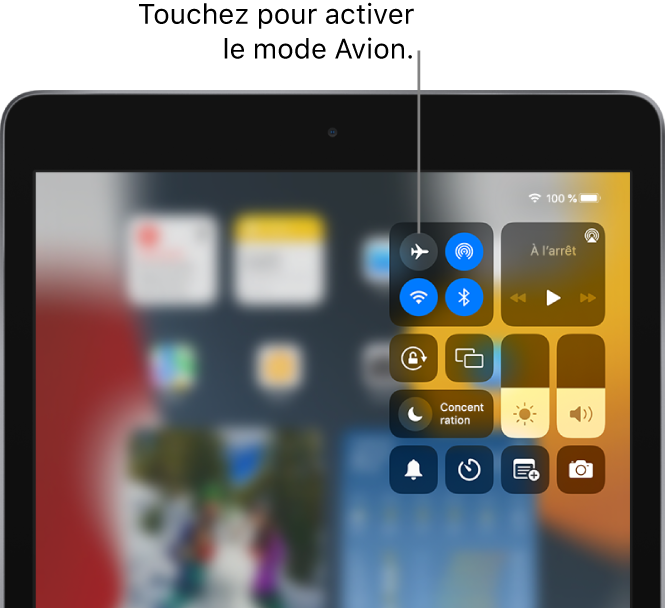 L’écran du centre de contrôle montrant qu’une pression sur le bouton en haut à gauche active le mode Avion.