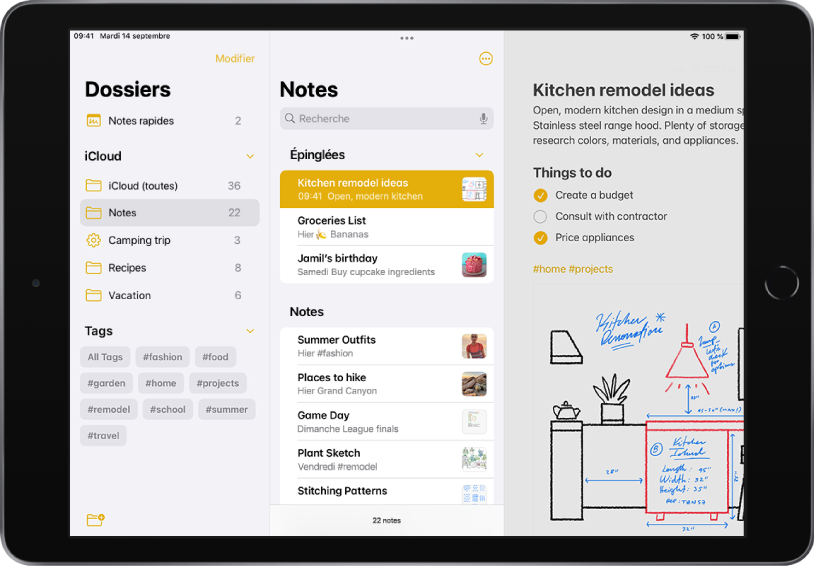 L’iPad en orientation paysage et affiche l’app Notes. Sur la gauche de l’écran, de gauche à droite, figurent les options suivantes : Dossiers, iCloud et Tags. Le champ de recherche est situé au centre en haut de l’écran. Il est suivi par les options Épinglées et Notes. Une note est ouverte dans la partie droite de l’écran.