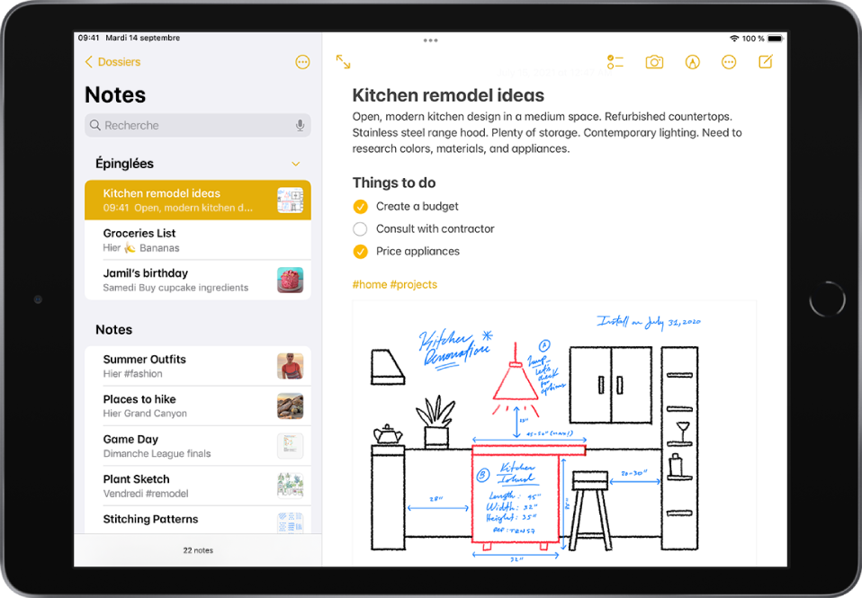 L’iPad en orientation paysage et affiche l’app Notes. La liste des notes apparaît sur la gauche et la note sélectionnée est ouverte sur la droite. Dans le coin supérieur gauche de la liste des notes se trouve une flèche de retour que vous pouvez toucher pour afficher les dossiers et les comptes. En haut à droite de la note se trouvent des boutons permettant de collaborer avec d’autres personnes sur la note, de supprimer la note, d’envoyer la note à d’autres personnes et de créer une autre note. En bas à droite de la note se trouvent des boutons pour ajouter une liste de pointage, ajouter une photo ou numériser un document et afficher des outils d’écriture.